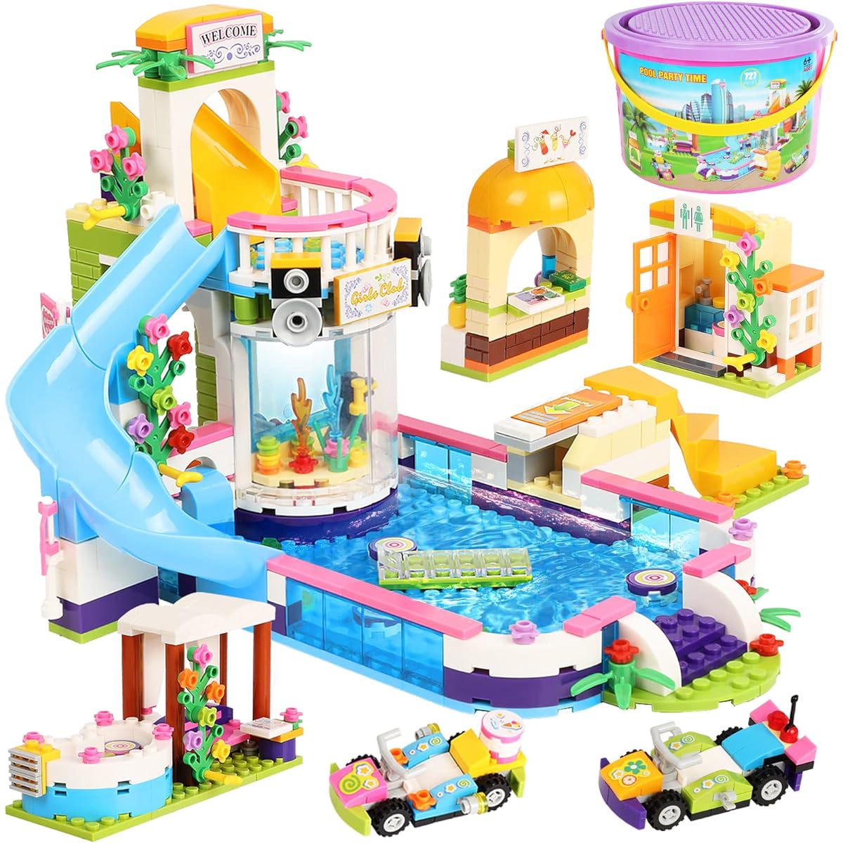 Friends Summer Pool Party Toys Pool Building Set for Girls Age 6-12 727 Pieces Swimming Pool Creative Building Blocks Kit Toy Juice Bar Hot Tub Role Play Gift Party Toys for Boys Girls Kids Toys