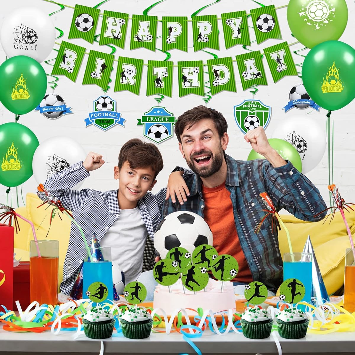 Soccer Theme Birthday Party Decorations, 24pcs Latex Balloons and 10pcs Swirls for Kids Boys Girls Football Theme Party Supplies