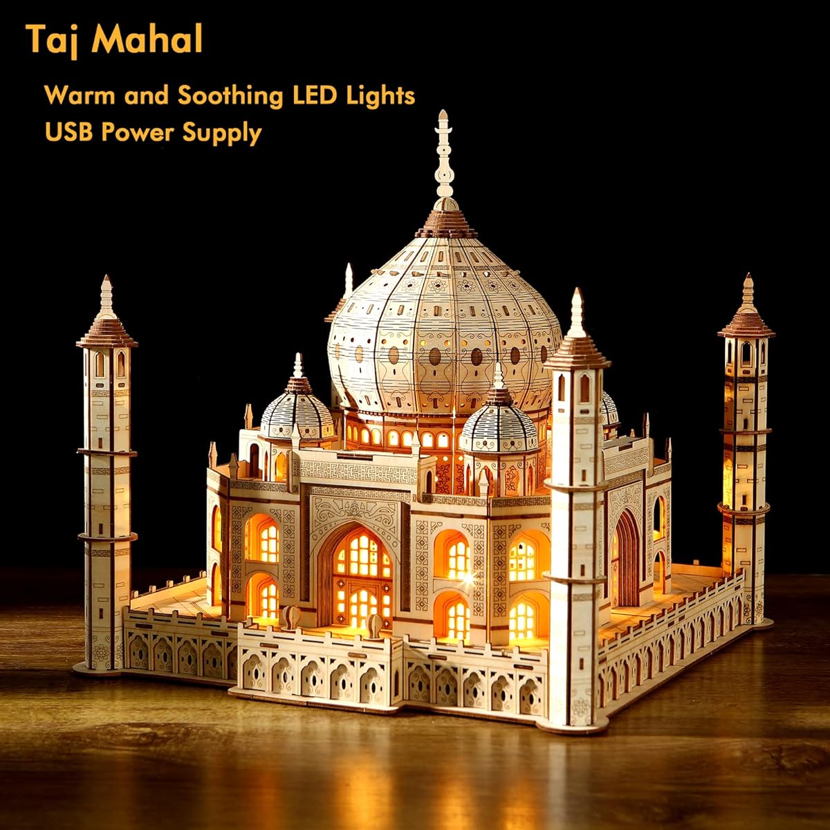 UGUTER 3D Wooden Puzzle Architecture Taj Mahal Model Craft STEM Kit LED Light DIY Home Decoration Valentine's Day Birthday Gift for Adults & Kids (Taj Mahal)