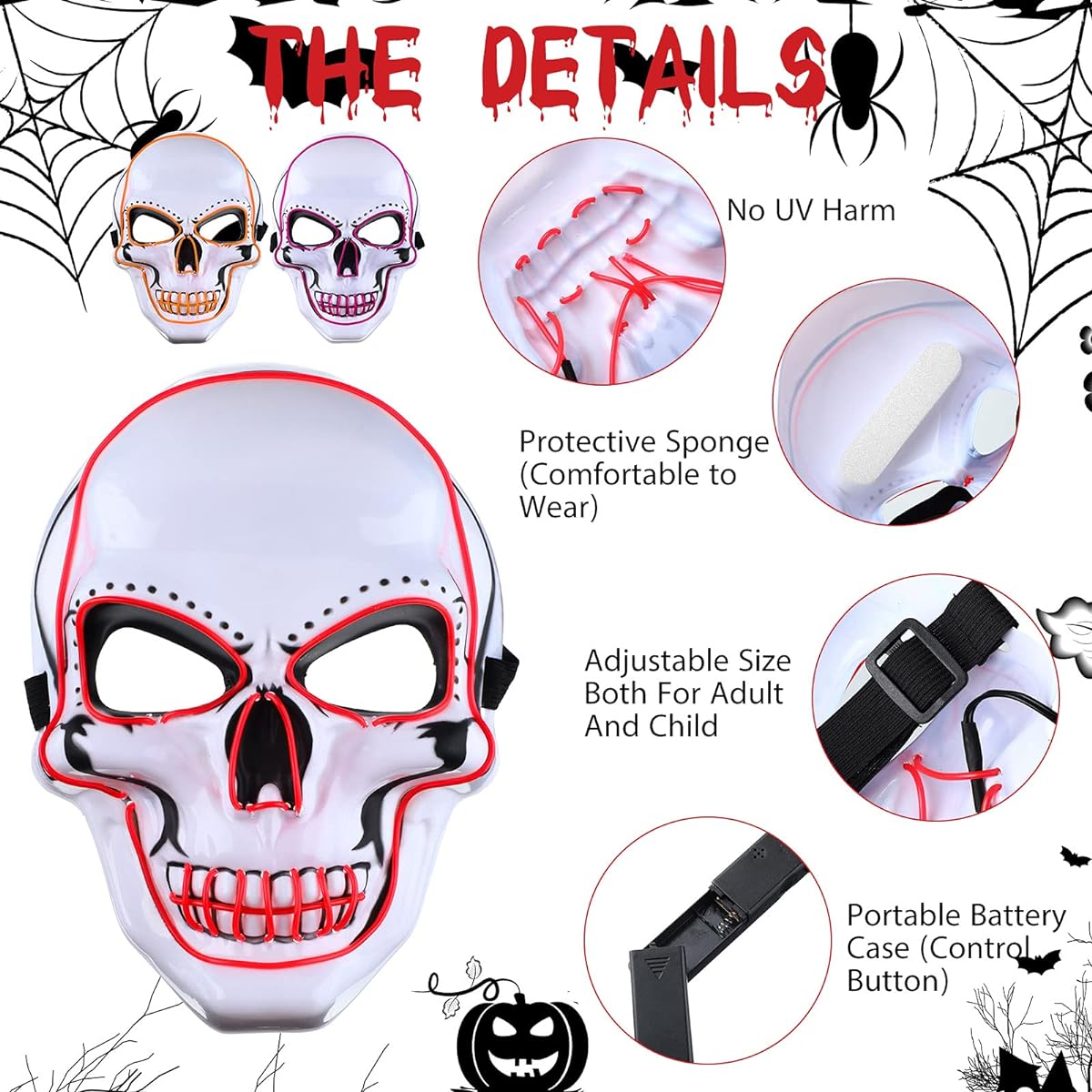 Lenwen 3 Pieces Halloween Face Cover with Wire LED Scary Skull Face Cover Glowing Halloween Skull Cover Cosplay Halloween Party Festival Party Costume Party Supplies (Purple, Red, Orange)