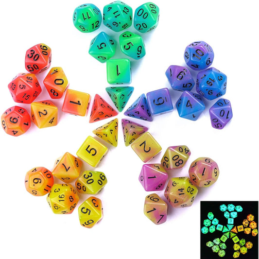 Poludie 5 Sets Glow in the Dark DND Dice 35pcs Luminous Polyhedral Dice Set with 1 Leather Dice Bag, Luminous D&D Dice for Dungeons & Dragons RPG MTG Tabletop Games (5 Sets/35pcs Luminous Dice)