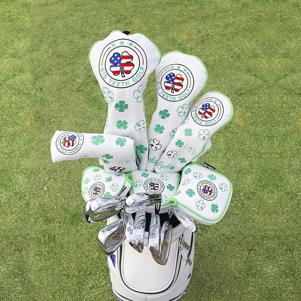 Big Teeth Golf Putter Cover Square Type Name Engraved Mallet Head Cover Magnetic Closure White Synthetic Leather Green Clover Embroidery Sold Individually