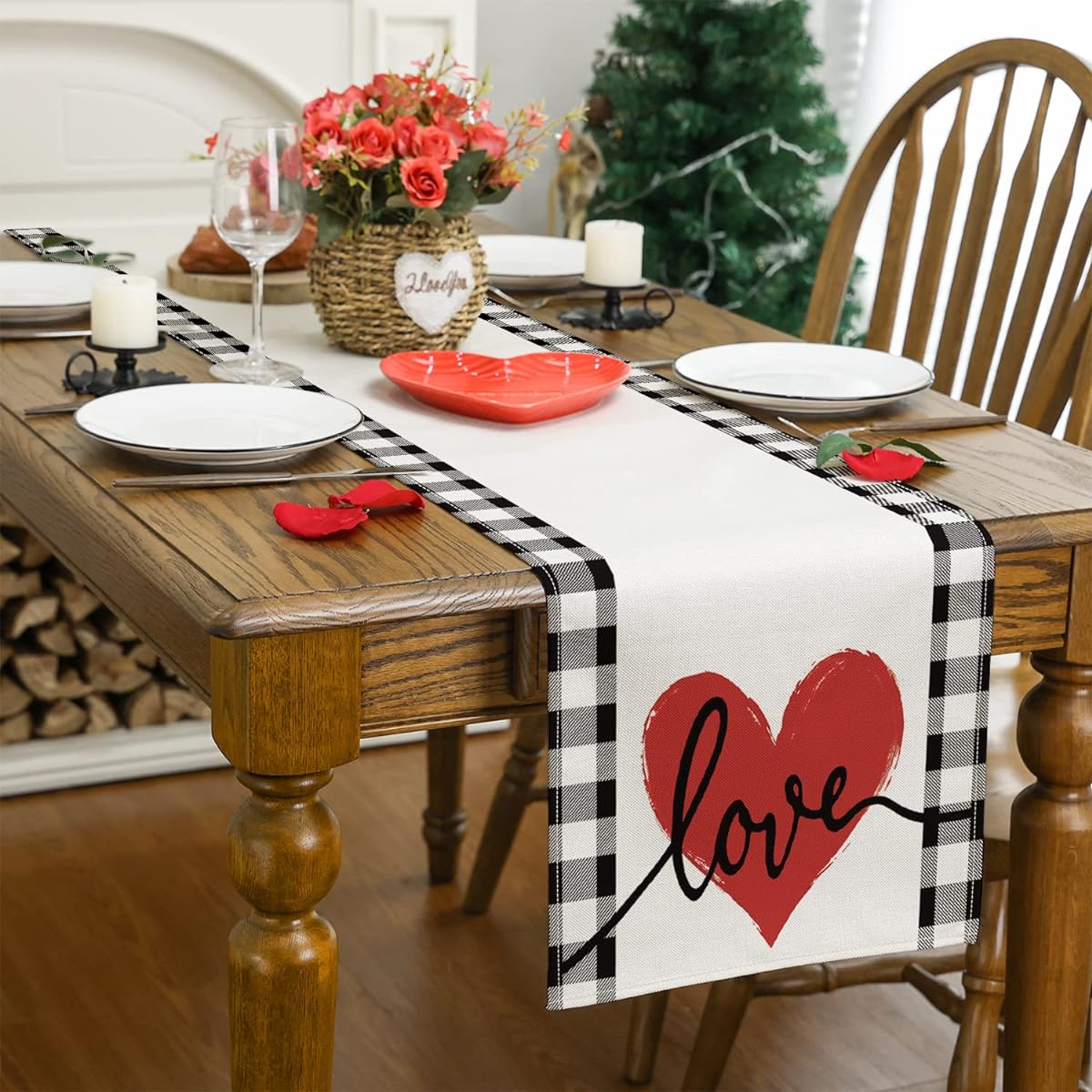 Siilues Valentine Table Runner Buffalo Check Plaid Sweetheart Valentines Day Decorations Valentine Runner for Table Seasonal Decor Indoor/Outdoor/Dining Table Decor (13" x 48")