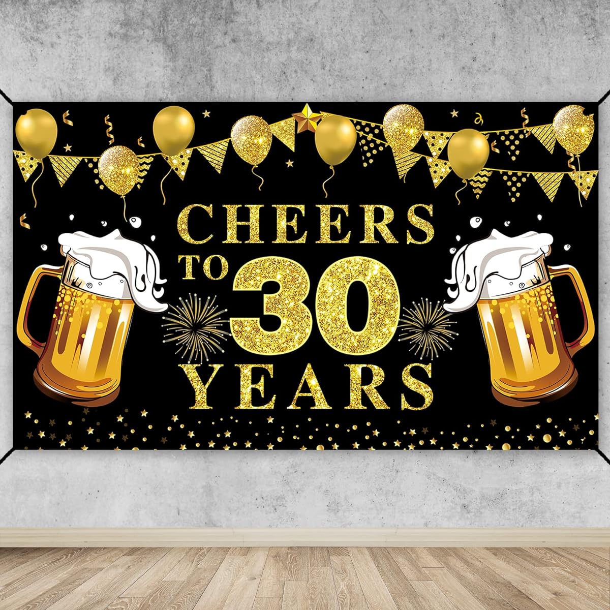 Happy 30th Birthday Banner Decorations Black Gold Cheers to 30 Years Backdrop Party Supplies 30th Anniversary Photo Booth Poster Sign Decorations (72.8 x 43.3 Inch)