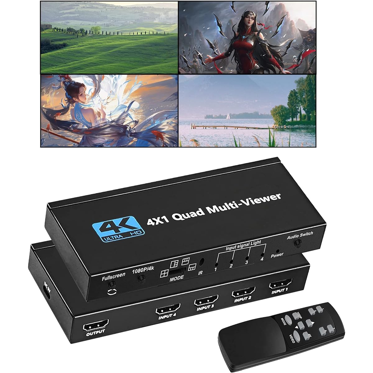WrixWric HDMI Multi Viewer Switch 4X1 HDMI Quad Multi Viewer Seamless Switcher 4 in 1 Output with IR Remote Control 4K 30Hz Compatible 5 Display Modes for Security Camera Monitor Game Console