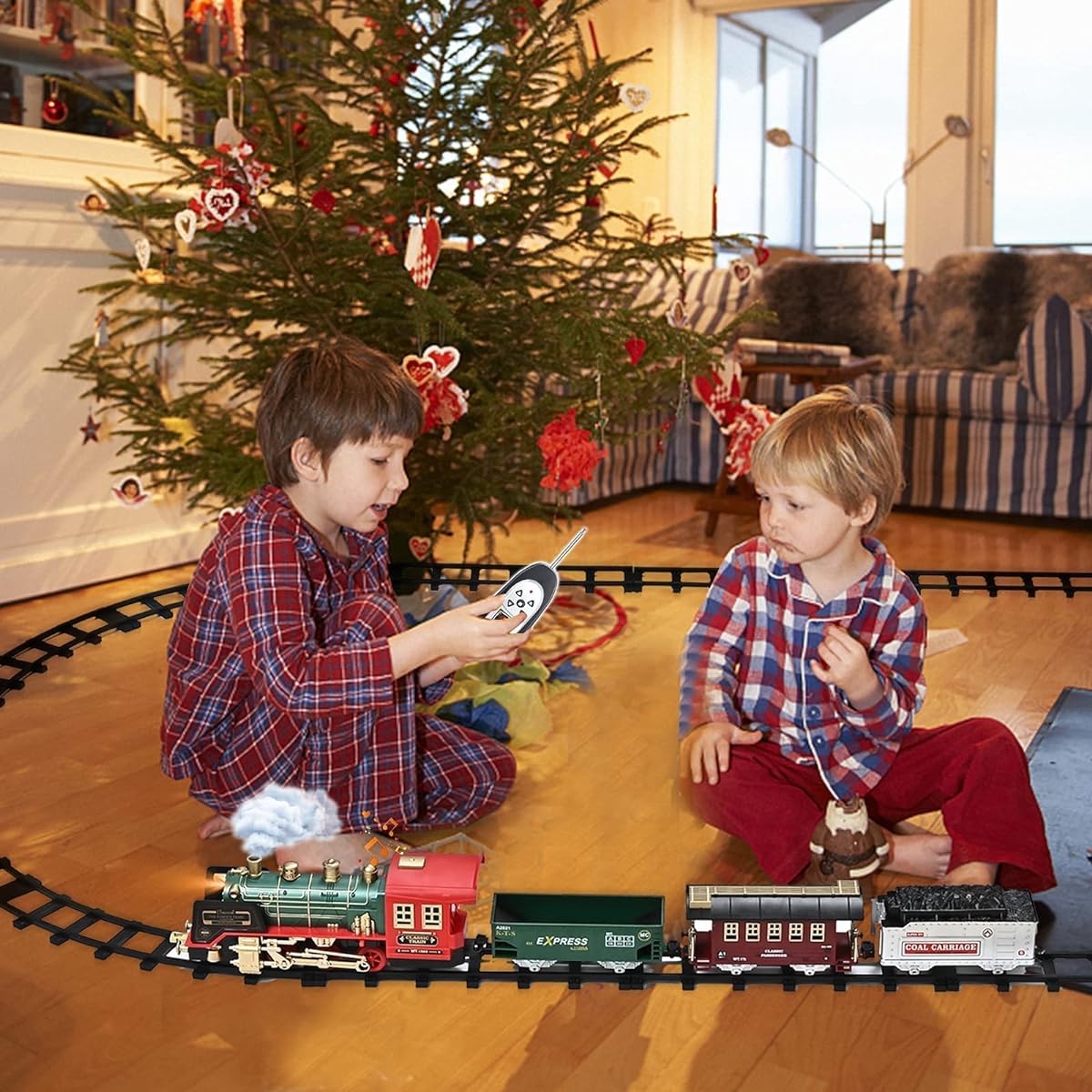 Fortikpo Train Set with Rechargeable Battery and Remote Control Steam Around Christmas Tree with Music and Lights Electric Train Toy Gift Toy for Ages 3 4 5 6 7 8+ Kids Toddlers