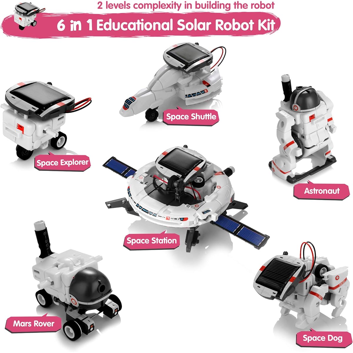 Solar Robot Toy 6 in 1 STEM Learning Kit Educational Space Moon Exploration Fleet Building Experiment Toy DIY Solar Powered Science Gifts for Ages 8-12