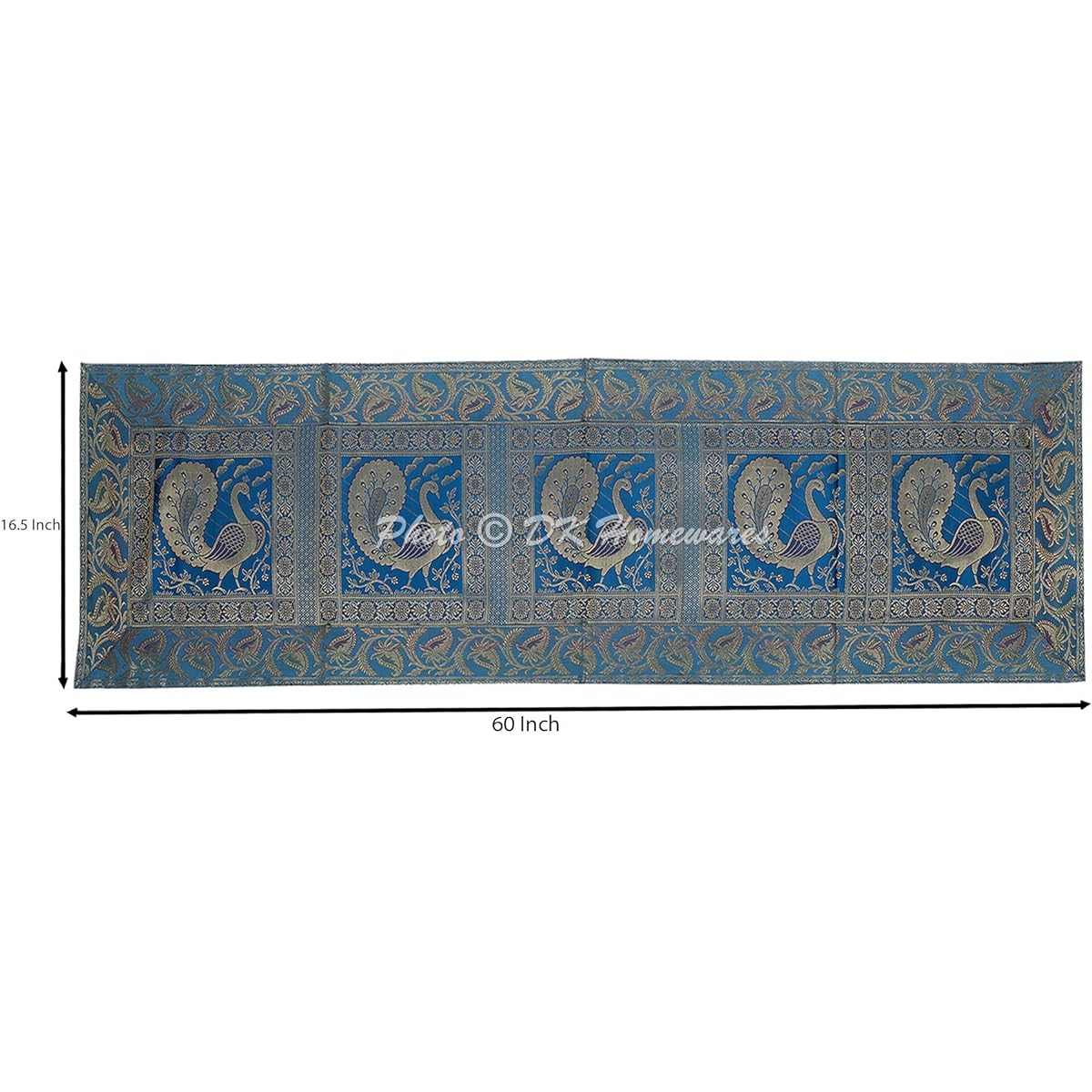 DK Homewares Traditional Ethnic Birthday Party Home Decoration Brocade Tablecloth Turquoise Gold 150 x 40 cm Jacquard Peacock 5 ft Table Runner (60 x 16 Inch)