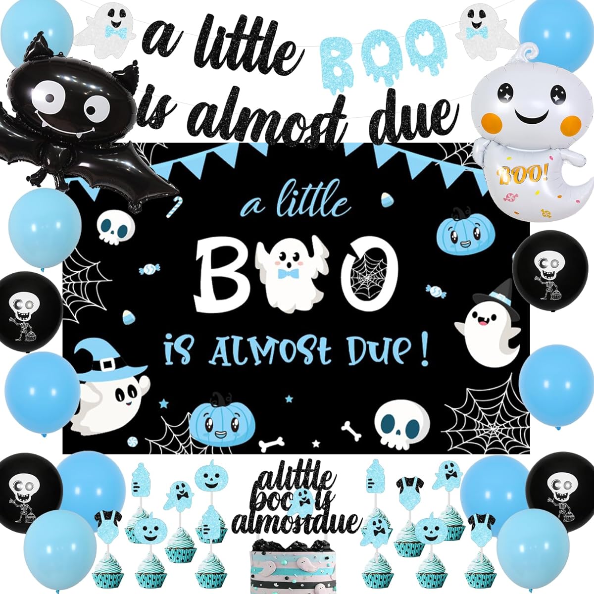 Halloween Baby Shower Decorations Boy, A Little Boo is Almost Due Baby Shower Decorations Blue and Black Ghost Bat Foil Balloons Little Boo Party Decorations Halloween Boy Birthday Party Decorations