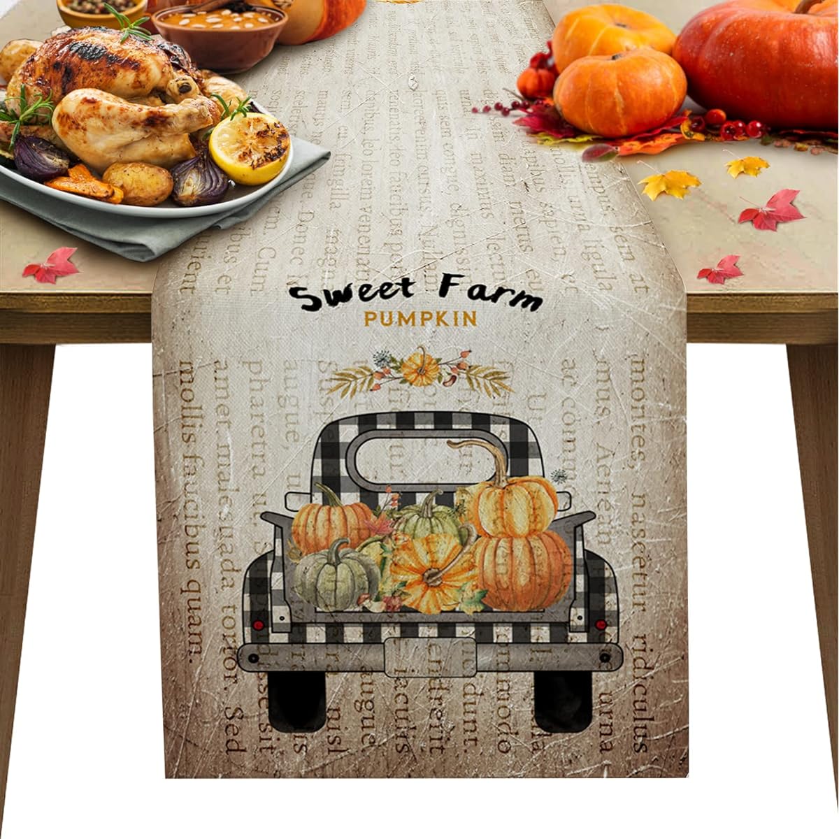 Libaoge Coffee Table Runner Thanksgiving Farm Buffalo Plaid Truck Pumpkin Burlap Table Runner for Home Decoration Crafts Family Dinner Party Thanksgiving Christmas Gatherings 13 x 90 Inch
