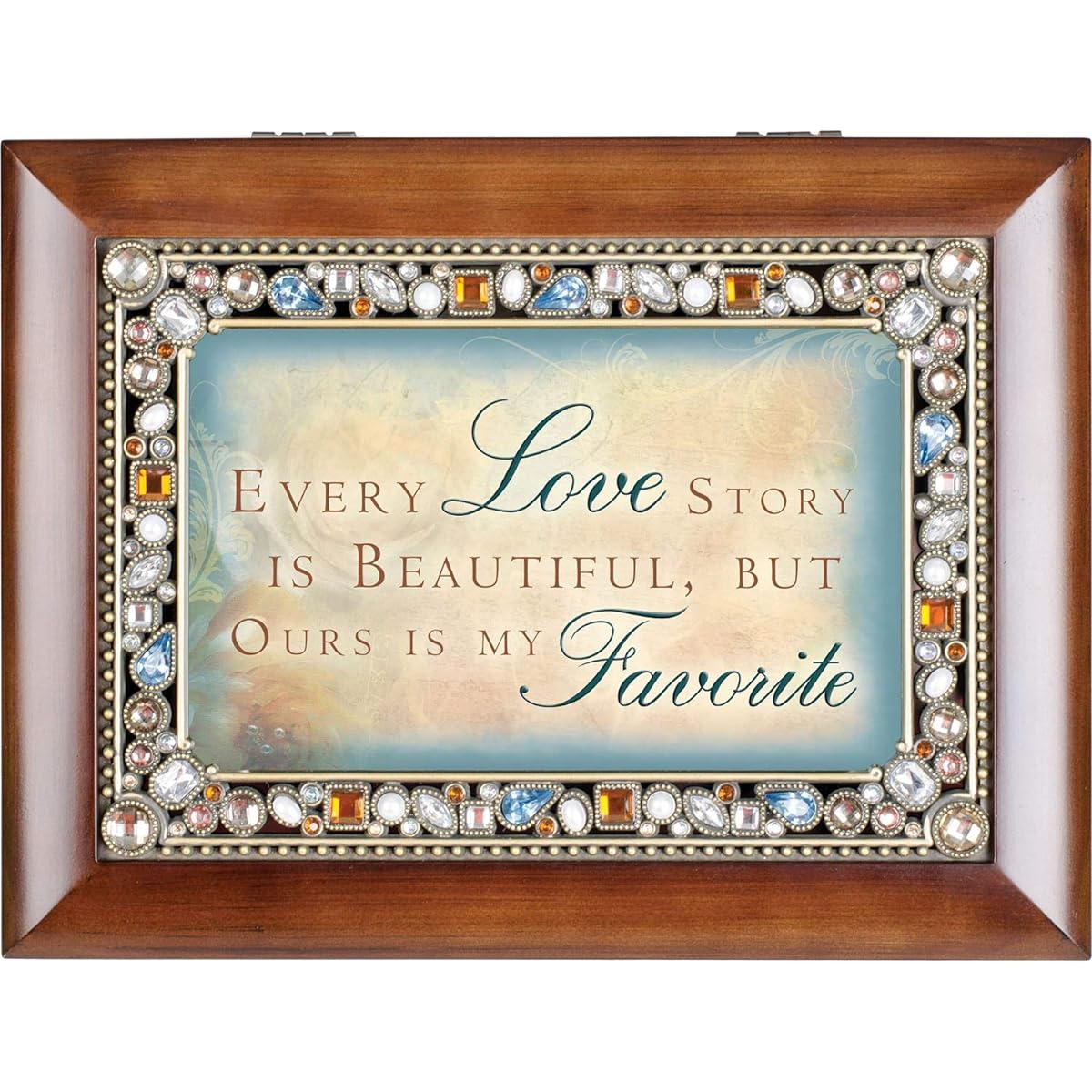 Every Love Story Walnut Wood Finish Jeweled Lid Jewelry Music Box Plays Tune Wind Beneath My Wings