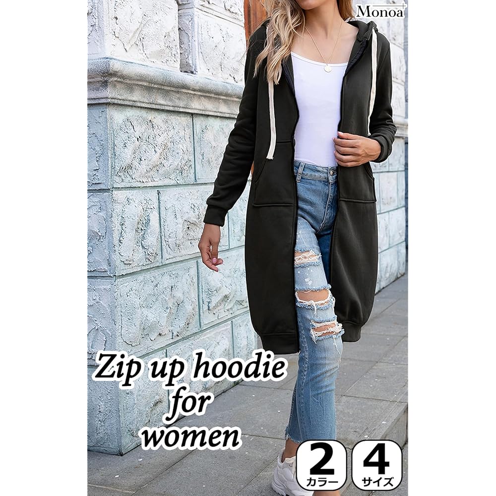 [Monoa] Parka, Long Sleeve, Brushed Lining, Long Length, Sweatshirt, Zip-up, Hooded, Outerwear, Women's, Fashion