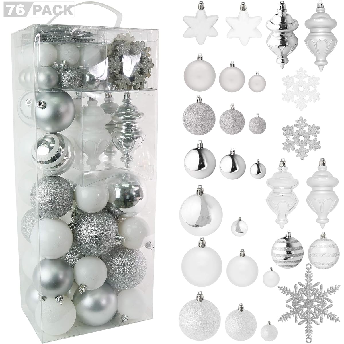 RN'D Christmas Snowflake Ball Ornaments - Christmas Hanging Silver and White Snowflake and Ball Ornaments Assortment Set with Hooks