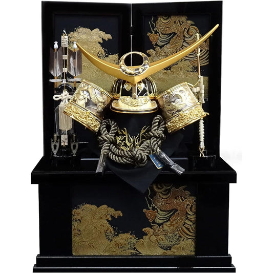 Wearing helmet, May doll, storage, helmet decoration, Kenshin Uesugi, No. 23, gold wearing helmet (pure silk lacing, raised engraving), width 60 cm, gold-painted golden dragon storage decoration