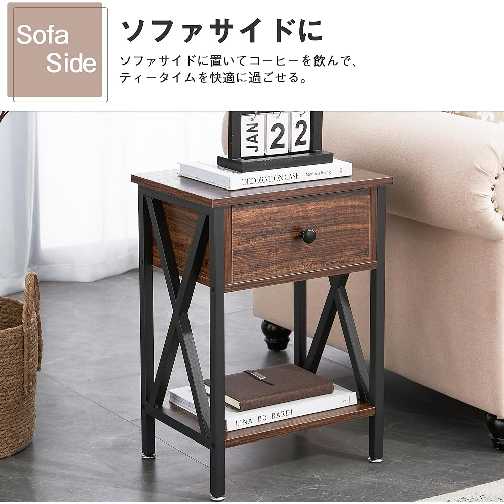 VECELO Side Table, Bedside Table, Night Table, 2 Piece Set, Rustic Brown, Width 40cm x Depth 30cm x Height 55cm, Scandinavian Style, Stylish, Bed Side, Sofa Side, Storage Shelf, Drawer Included, Living Room/Bedroom [Regular Japanese Import] KHD-DC-NS01