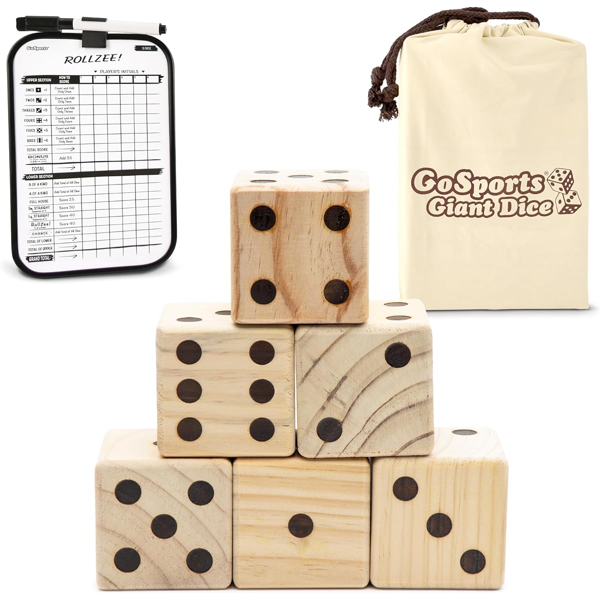 (Set of 2.5" Dice) - GoSports Giant Wooden Playing Dice Set with Bonus Rollzee Scoreboard - Includes 6 Dice, Dry-Erase Scoreboard and Canvas Carrying Bag (Choose 6.4cm Dice or 8.9cm Dice)
