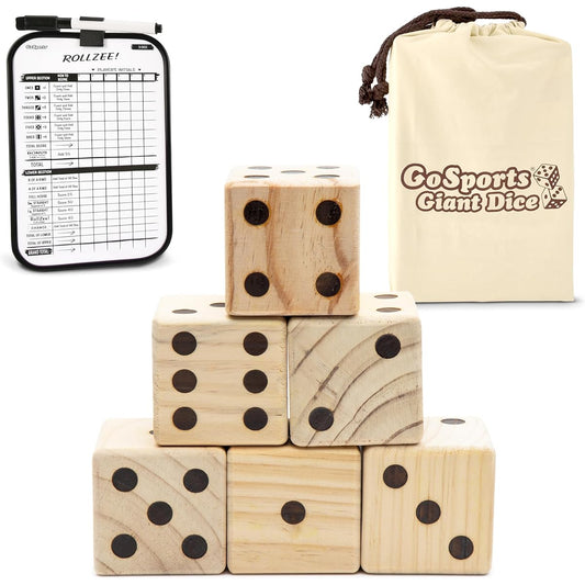 (Set of 2.5" Dice) - GoSports Giant Wooden Playing Dice Set with Bonus Rollzee Scoreboard - Includes 6 Dice, Dry-Erase Scoreboard and Canvas Carrying Bag (Choose 6.4cm Dice or 8.9cm Dice)