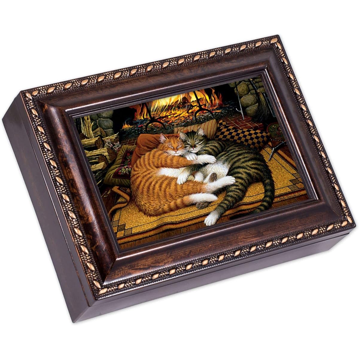 Hearts of Fire Cats Rich Burl Wood Finish Jewelry Music Box - Plays Tune Pachelbel's Canon in D