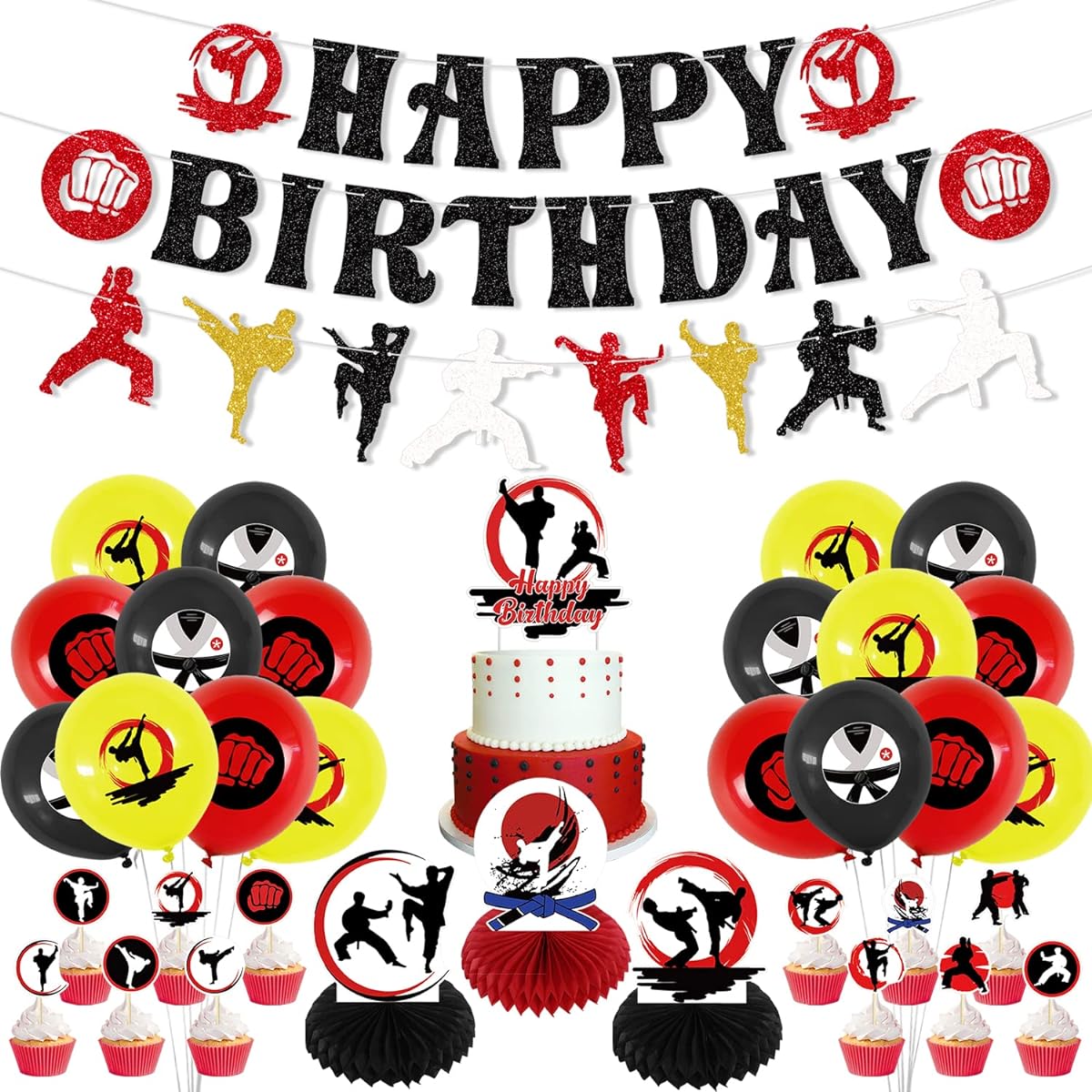 KEFAN Karate Birthday Party Decorations Sparkling Karate Taekwondo Birthday Banner Cake Topper Table Centerpieces Balloons Karate Sports Party Supplies for Boys Girls Birthday Party