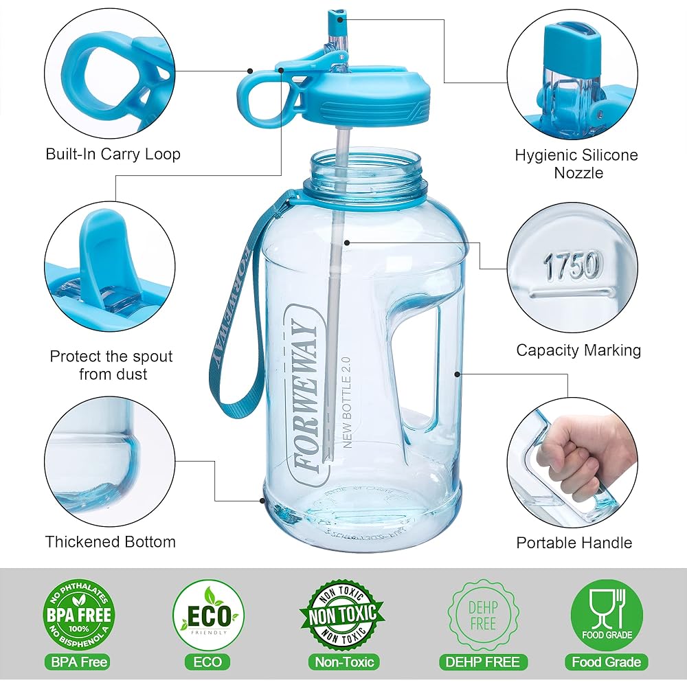 Half Gallon Water Bottle Large Sports Water Bottle with Handle BPA Free Reusable Plastic Water Jug Leak Proof Hydro Bottle for Gym Yoga Travel Camping Cycling Outdoor Sports (Blue Sky 2.2 Liters)