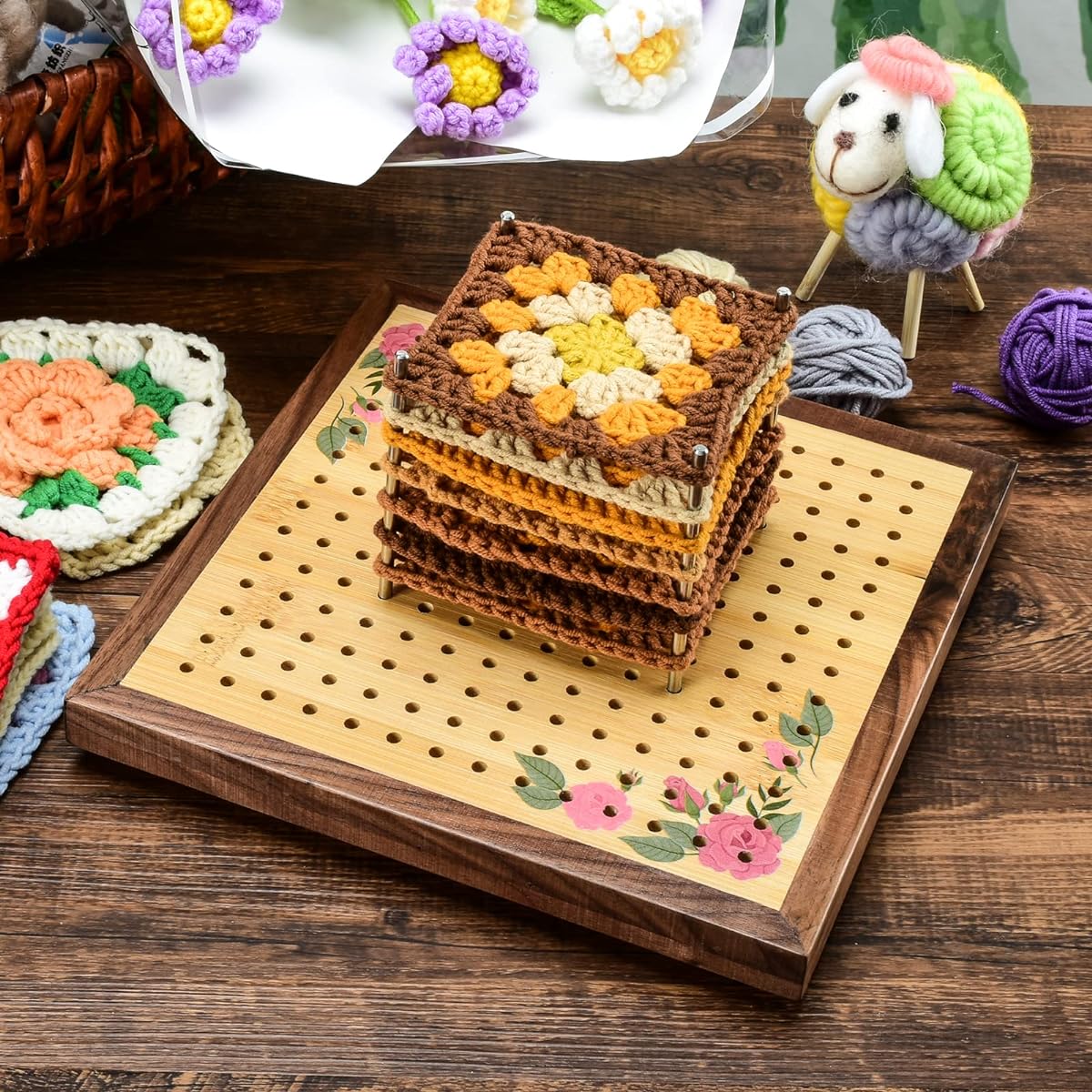 Blocking Crochet Board - Crochet Gift for Granny Square Lovers - Bamboo Blocking Board for Crocheting, Full Kit with 24 Stainless Steel Rod Pins (7 Inch - Classic Patterns)