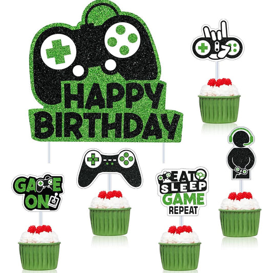 31 Pieces Video Game Happy Birthday Cake Topper, Glitter Video Game Cake Decoration Picks, Playstation Birthday Party Banner, Game Controller Birthday Party Gaming Backdrop, Kids Gaming Theme for Birthday