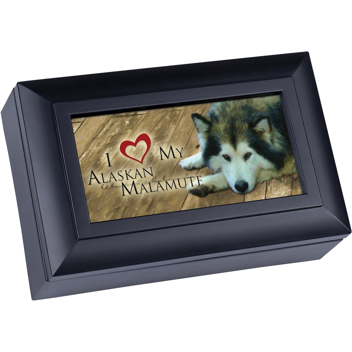 I Love My Alaskan Malamute Cottage Garden Petite Matte Black Finish Music Jewelry Box - Plays Song Wonderful World