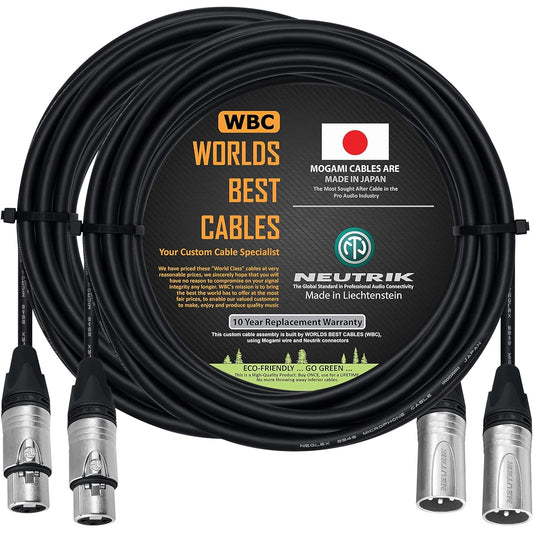 WORLDS BEST CABLES 2 Unit - 50 Feet - Balanced Microphone Cable Custom Made - Mogami 2549 (Black) Wire and Neutrik NC3MXX & NC3FXX Silver XLR Plugs