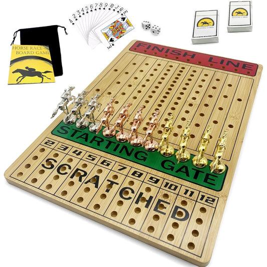 QHDEERGU Classic Horse Racing Board Game, Fugitive Board Game, Horse Racing Board Game, Bamboo Board, 11 Metal Horses in 3 Colors, 2 Boxes of Cards and 2 Dice, Horse Racing Game