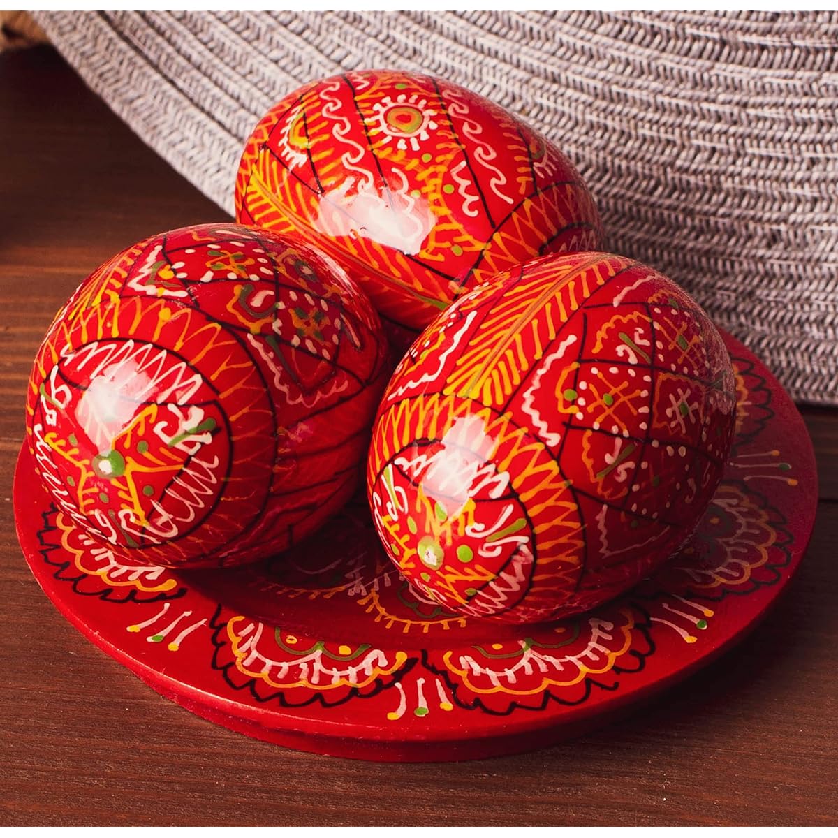 LOVARE Lot 3 Red Vintage 2,0" Hand Painted Wooden Ukrainian Easter Eggs Pysanky Mini Easter Egg Ornaments Wooden Chicken Eggs (Pysanka Pysanky Supplies) Easter Plate