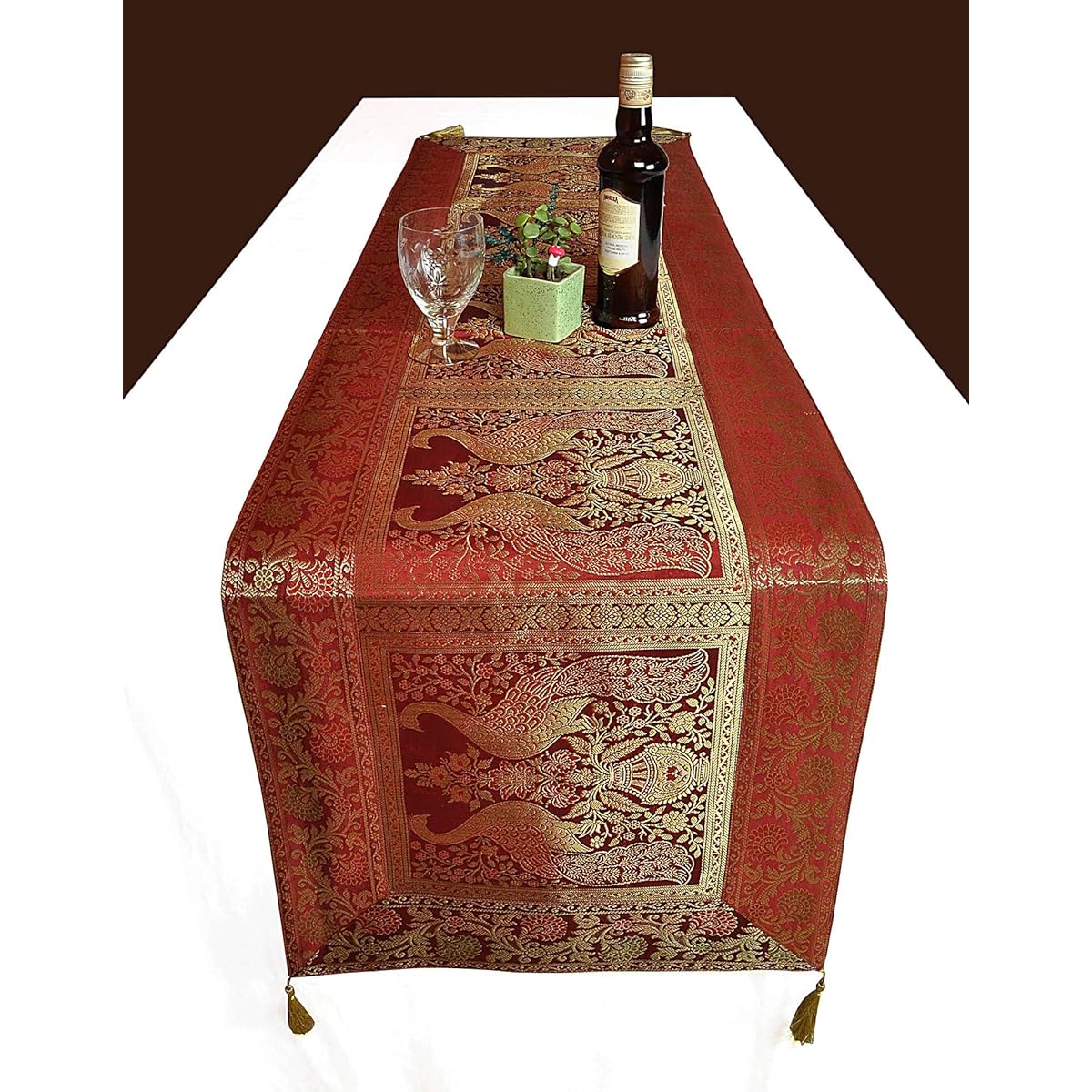 Lalhaveli Ethnic Elephant Peacock Design Maroon Silk Table Runner 152 x 41 Cm