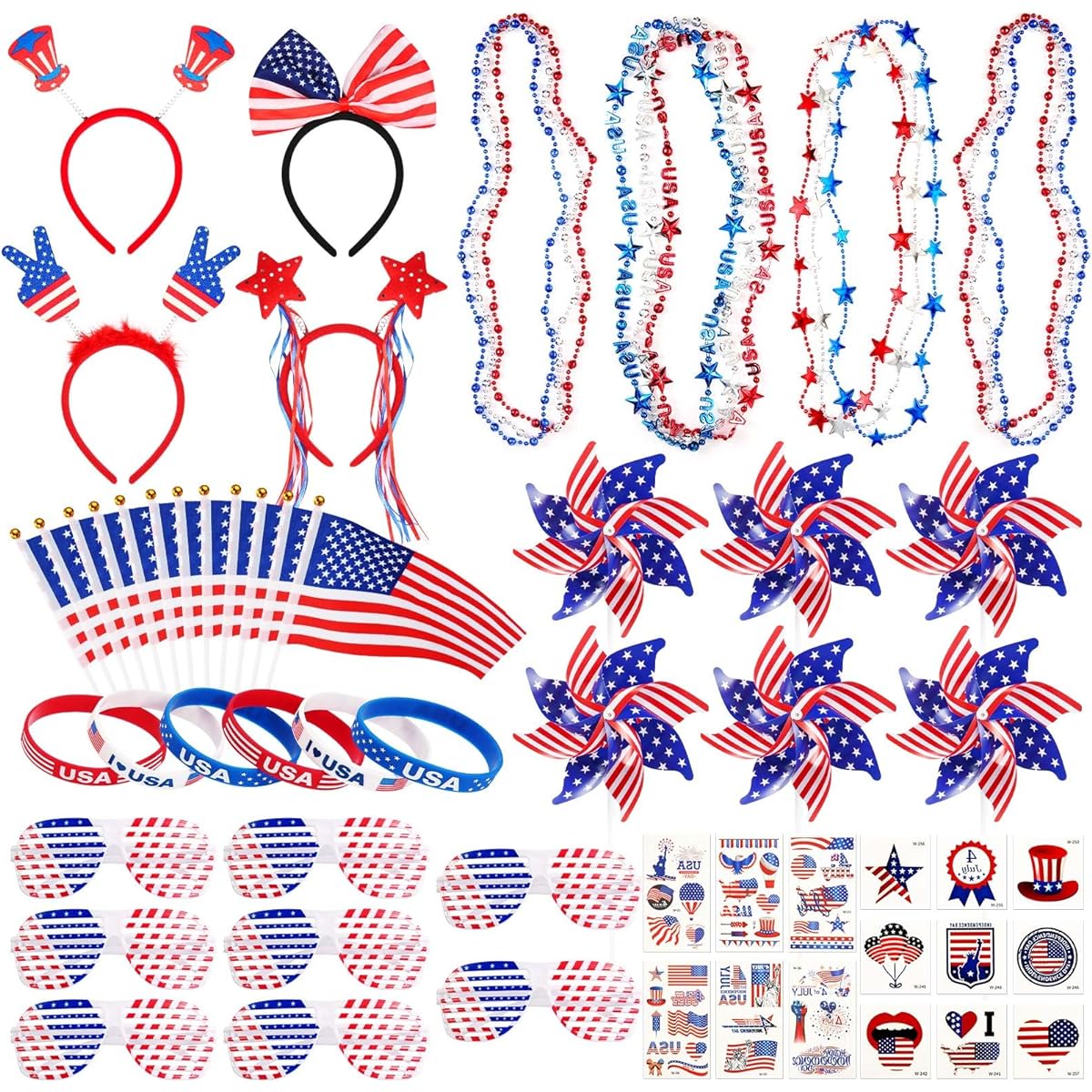 Raymall 4th of July Decorations 114 Pieces Patriotic Party Favors Set with Patriotic Flags, Shutter Shade Glasses, Beaded Necklaces, Tattoo Stickers, Patriotic Bracelets, Headbands and Pinwheels for Patriotic Parade Celebrations