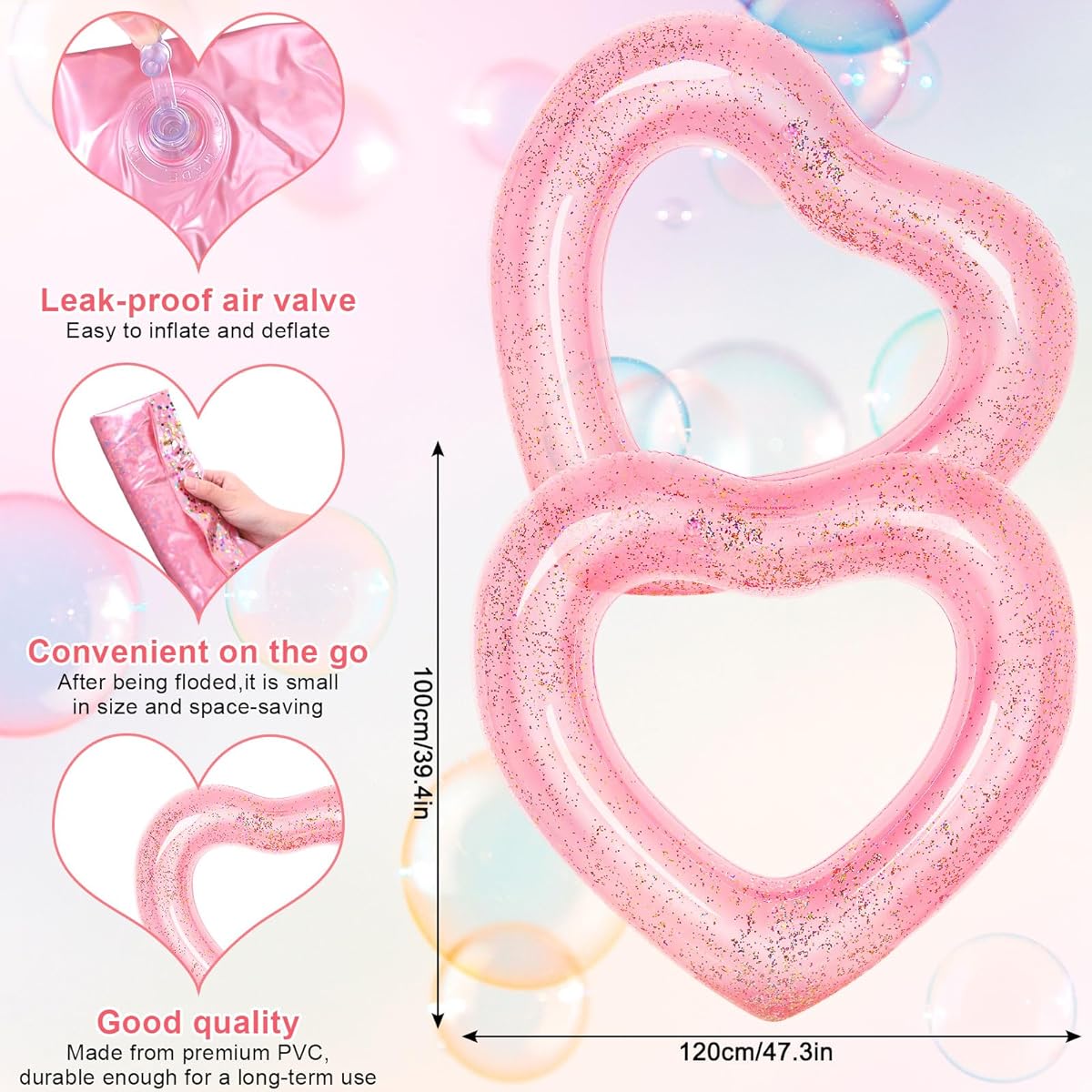 Whaline Inflatable Heart Pool Floats, Set of 3 with Glitter Inside, Rose Gold, Pink and White, Swimming Heart Shape Pool Rings, Float Lounger Tubes for Summer Swimming Pool Beach Bachelorette Party, 47.3 x 39.4 Inch