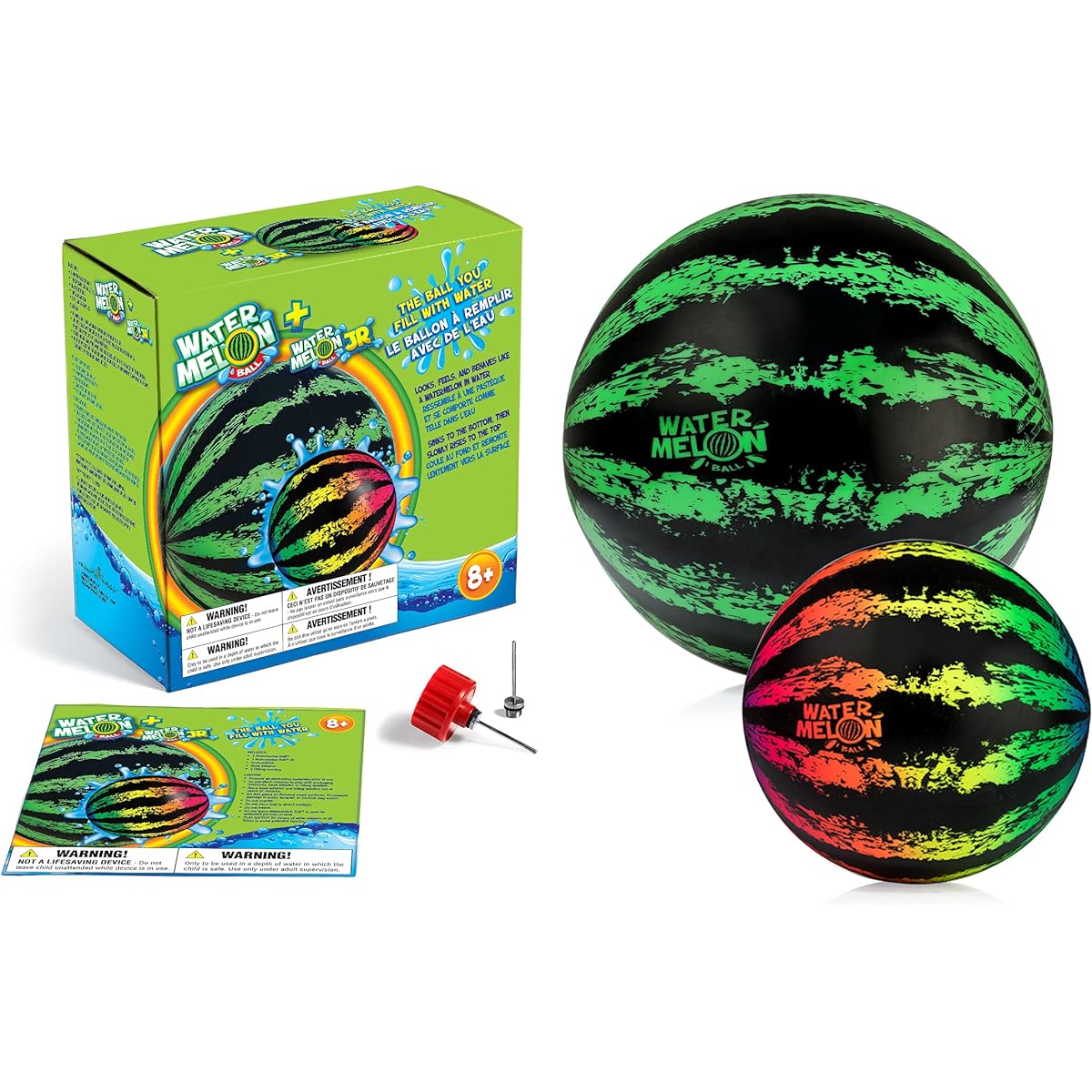 Watermelon Ball Pool Toys for Adults and Families - 2 Pack 6 1/2" & 9" Pool Balls for Kids, Teens and Everyone - Swimming Pool Games, Water Football, Tug Diving, Beach Ball Play - Fun Pool Accessories