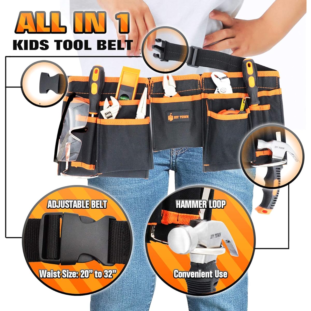 JoyTown Real Tool Set for Kids - Junior Steel Forging Tool Kit with Real Hand Tools, Kids Tool Belt, Portable Tool Bag, Best Learning Tools for Home DIY (Orange & Black)