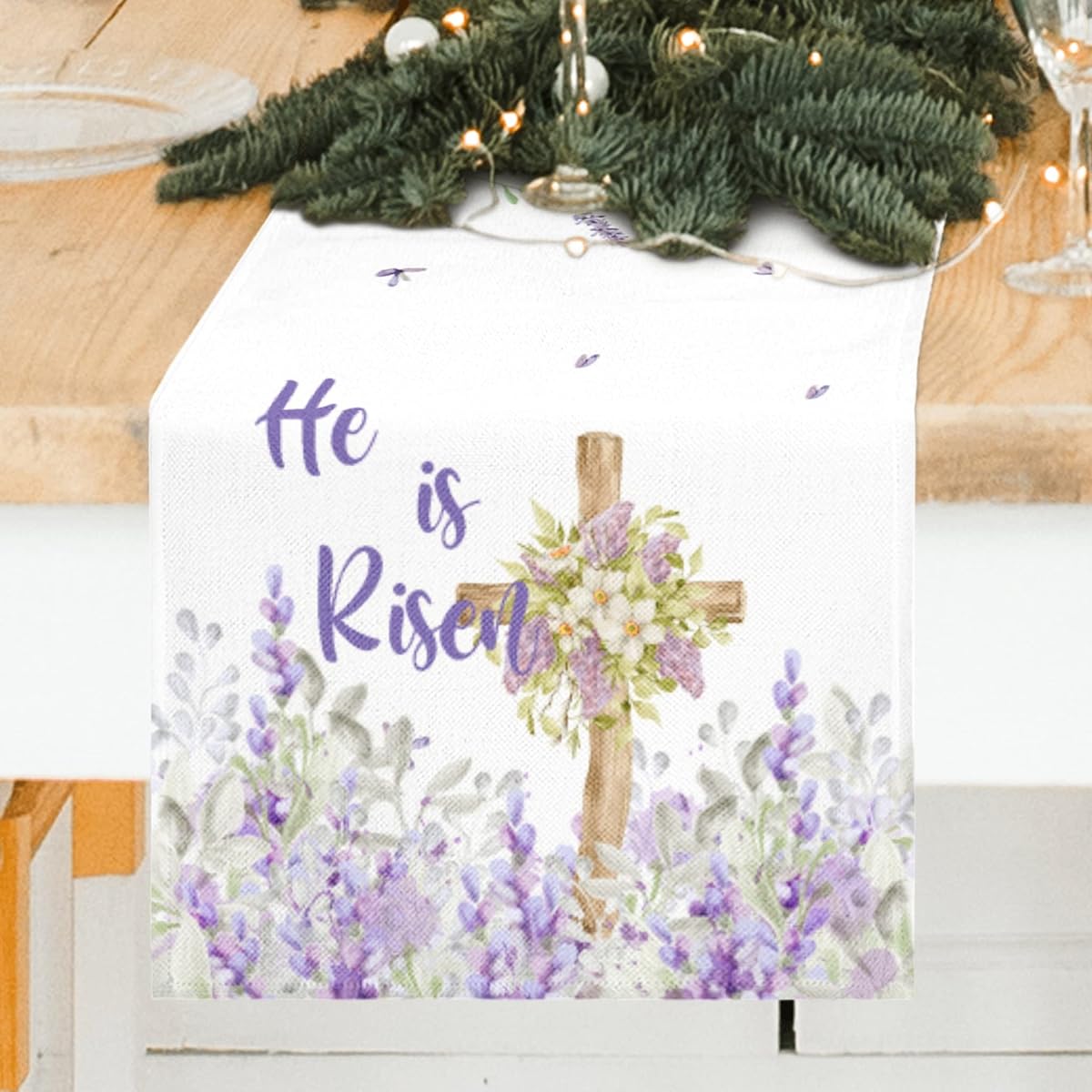 Easter Table Runner - Easter Table Decorations He is Risen Purple Lavender Cloth Spring Table Runner for Home Kitchen Dining Room Decor (13x72 Inch)