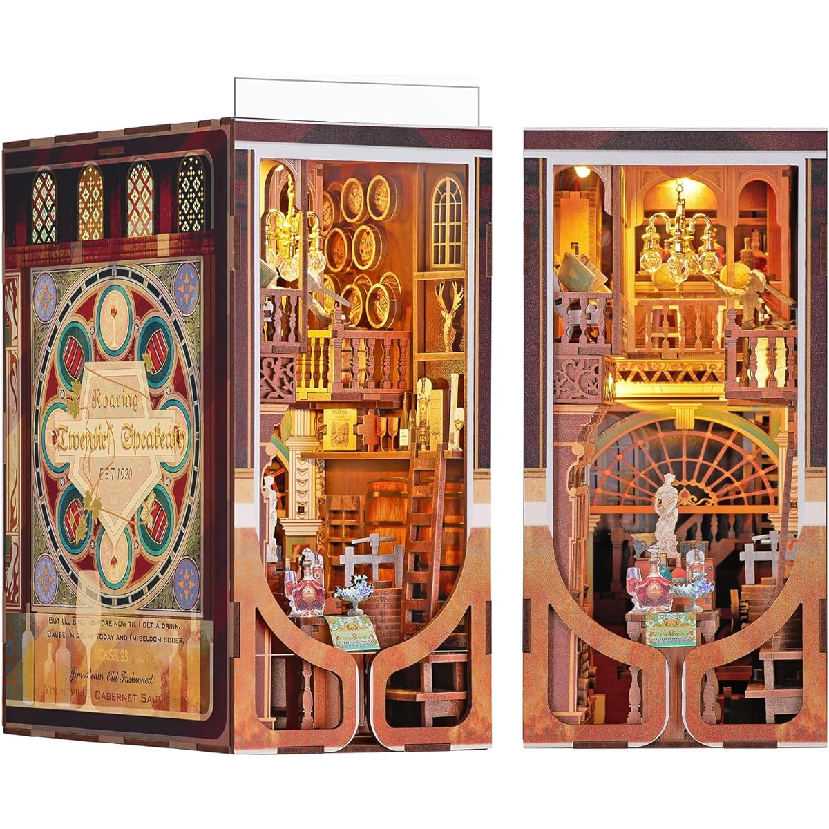 Minicity Book Nook Kit DIY Miniature Dollhouse Book Nook Kit 3D Wooden Puzzle Bookends Bookshelf Insert Decoration with LED Lights for Teens and Adults (Roaring 20s)