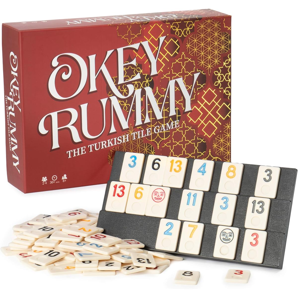 Deluxe Rummy Tile Game Rummikub Family Board Game - Try Traditional Turkish Rules or Play the Classic Way - 104 Tiles, 2 False Jokers, 4 Tile Holders, 1 Dice, Instructions