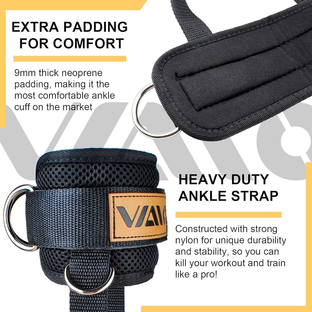 VAIIO Ankle Strap for Cable Machine Adjustable Comfort Fit Neoprene Double D-Ring Reinforcement - Premium Ankle Cuffs Improve Abs, Lift Buttocks, Strengthen Legs, Unisex