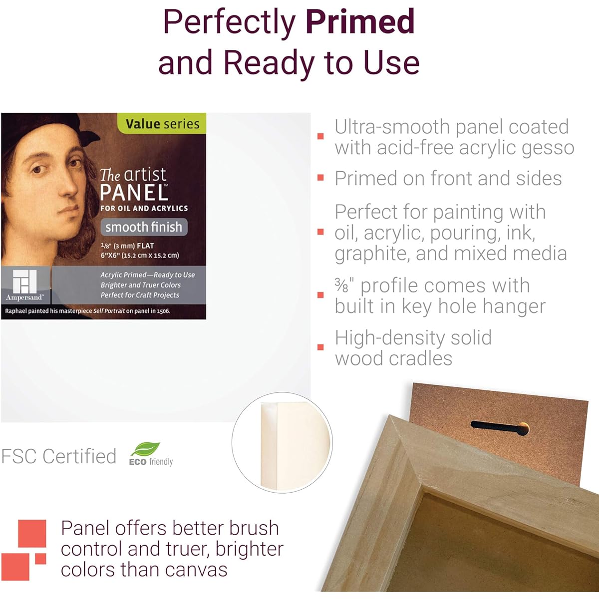 Ampersand Art Supply PWP9M1620 Wood Gesso Artist Painting Panel: Smooth Primed, 16" x 20", 3/8" Flat Profile