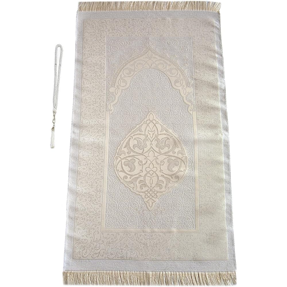 Muslim Prayer Rug and Prayer Beads Elegant Design Cylinder Gift Box | Janamaz | Sajadah | Soft Islamic Prayer Rug | Islamic Gift Set | Prayer Carpet Mat Taffeta Fabric White/Mod2