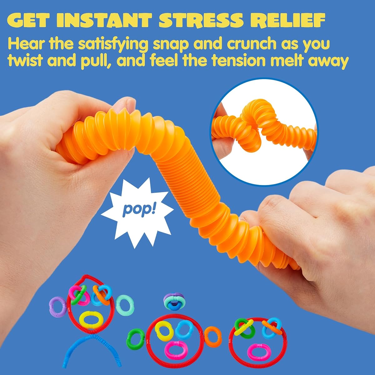 JOYIN Pop Tubes 18 Pack Fidget Tubes Party Favors 9 Colors Sensory Toys Connectable Expandable Stress Relief Great for Parties, Classroom Exchanges and School Rewards