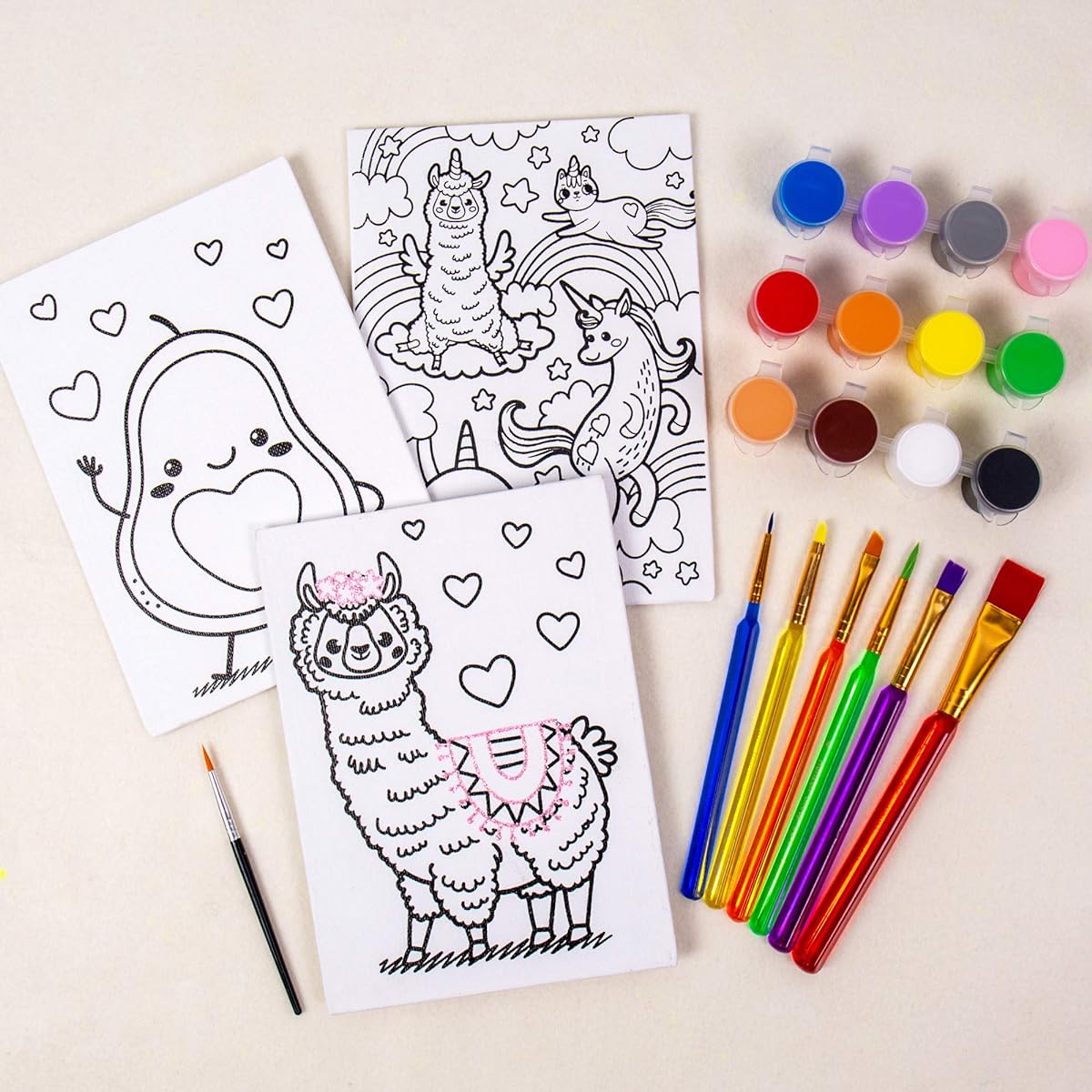 Horizon Group USA Pre-Printed Canvas & Paint Art Set - 3 Pack 5x7 Canvas Panels, 12 Tempera Paints, 6 Easy-Grip Paint Brushes, Avocado, Rainbow Friends, Glitter Llama
