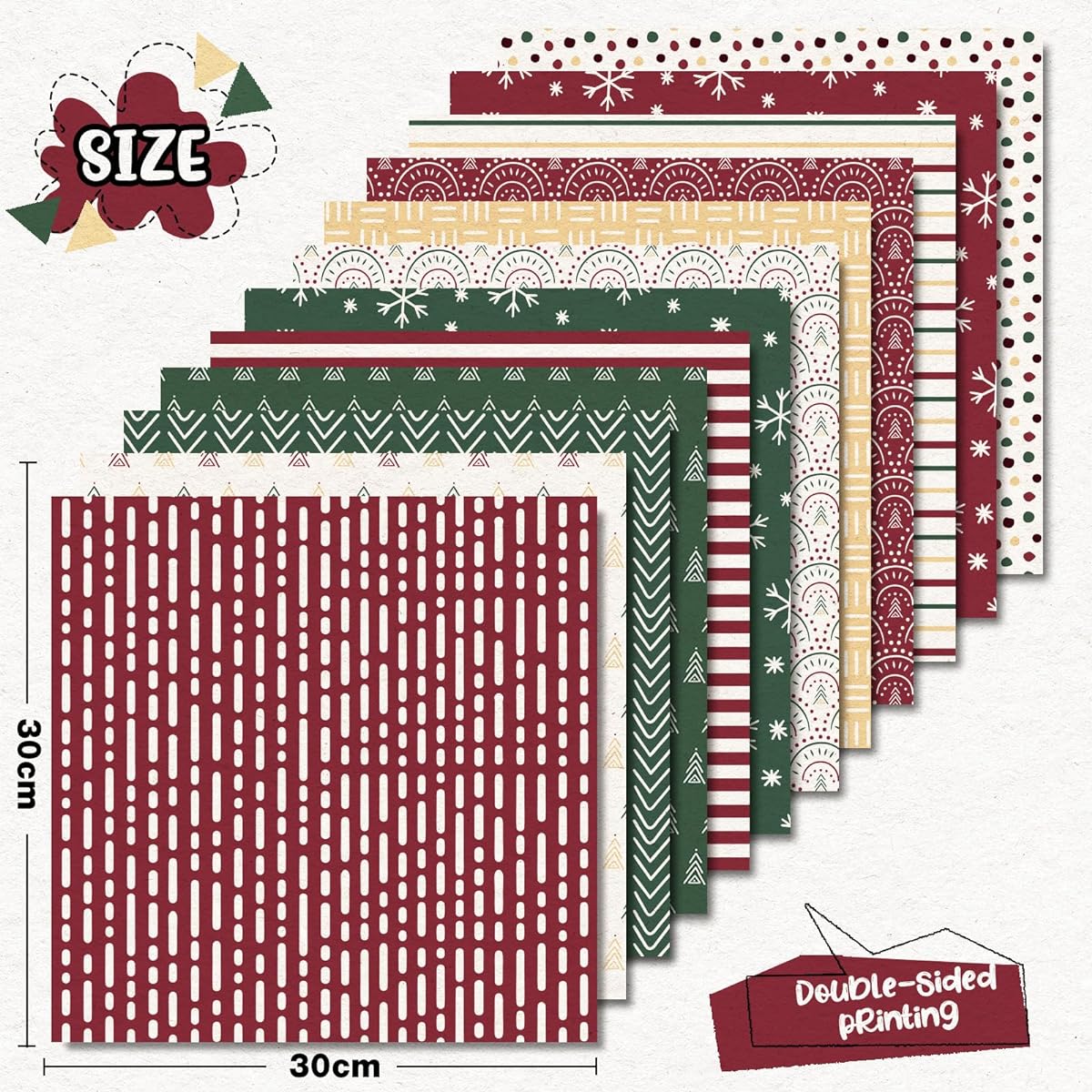 Whaline 24 Sheets Boho Christmas Pattern Paper Red Green Scrapbook Specialty Paper Christmas Tree Snowflake Double Sided Craft Paper for DIY Card Making Photo Album Decoration 11.8 x 11.8 Inch