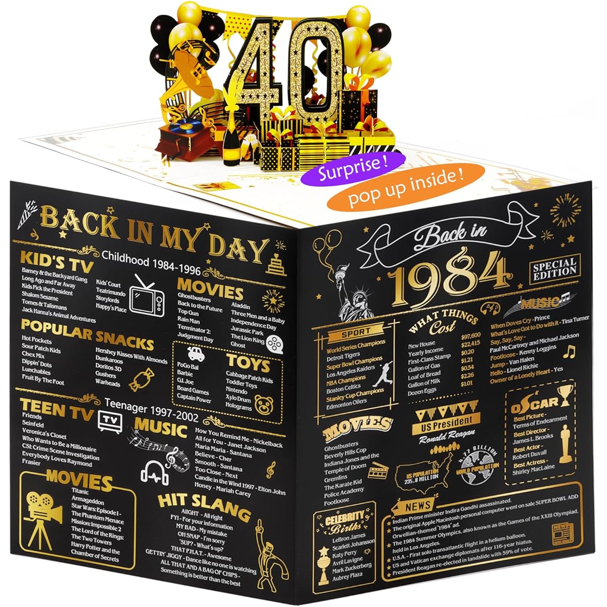 40th Birthday Pop Up Card for Women or Men, 3D Greeting Card with Gold Plated Poster Cover, Funny 40th Birthday Gifts, Party Supplies Ideas, Unique 40th Anniversary for Mom Dad, 1984, Jumbo Size 8 x 10 Inch