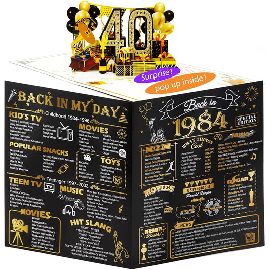 40th Birthday Pop Up Card for Women or Men, 3D Greeting Card with Gold Plated Poster Cover, Funny 40th Birthday Gifts, Party Supplies Ideas, Unique 40th Anniversary for Mom Dad, 1984, Jumbo Size 8 x 10 Inch