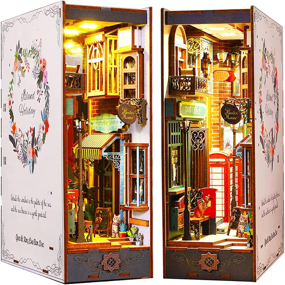 Book Nook Kit DIY Bookshelf Insert Decorative 3D Puzzle Miniature Wooden Bookends with LED Lights Small Library House Dollhouse Model Craft Kit for Adults