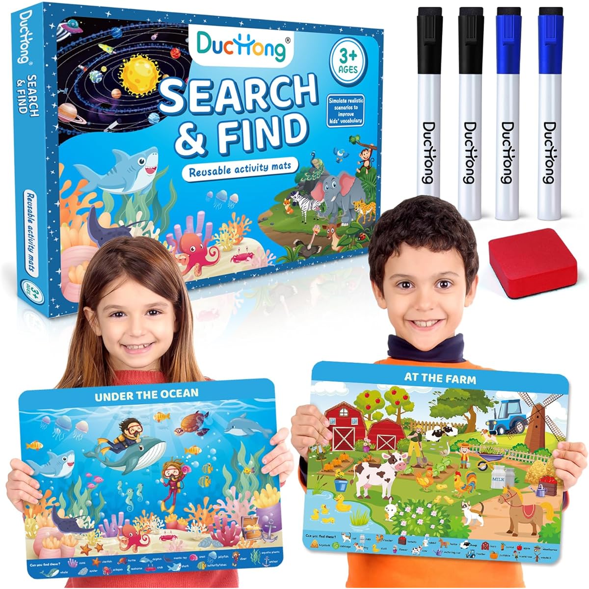 Search and Find Cards for Kids Ages 3-6 Each Page is a Reusable Activity Mat with 4 Dry Erase Markers Preschool Learning Educational Games for Boys Girls Toddlers Ages 3+