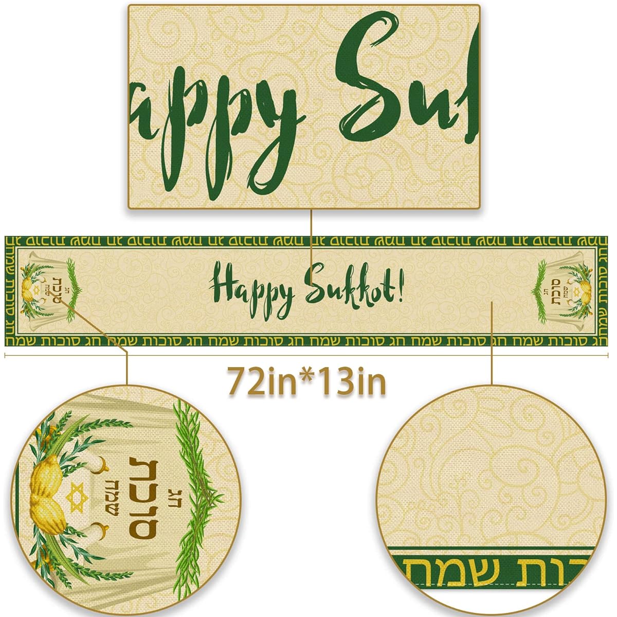 Pudodo Happy Sukkot Table Runner Sukkah Etrog Lulav Jewish Festival Holiday Party Kitchen Dining Room Home Decoration