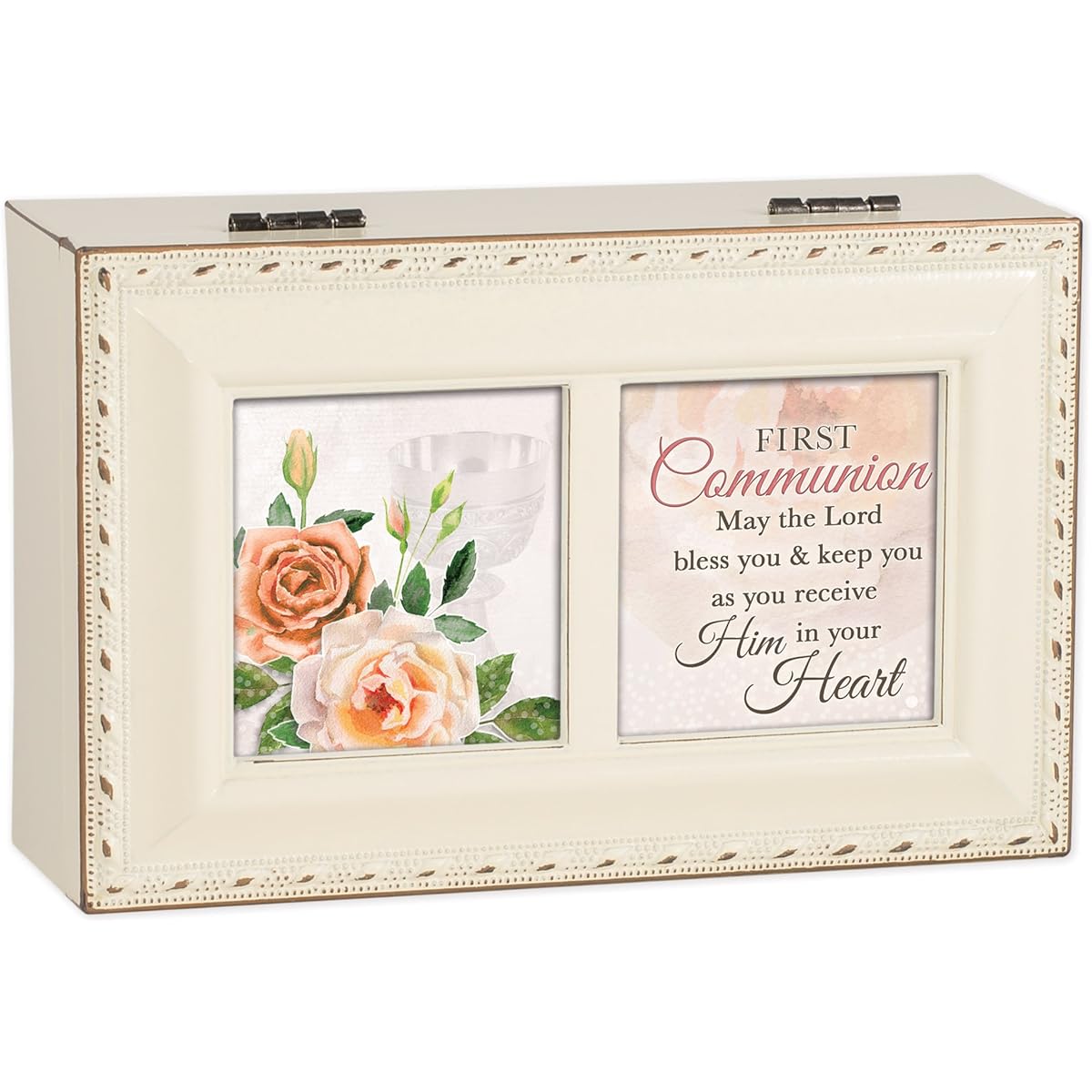 Cottage Garden First Communion Lord Bless Keep Matte Ivory Jewelry Music Box Plays Ave Maria